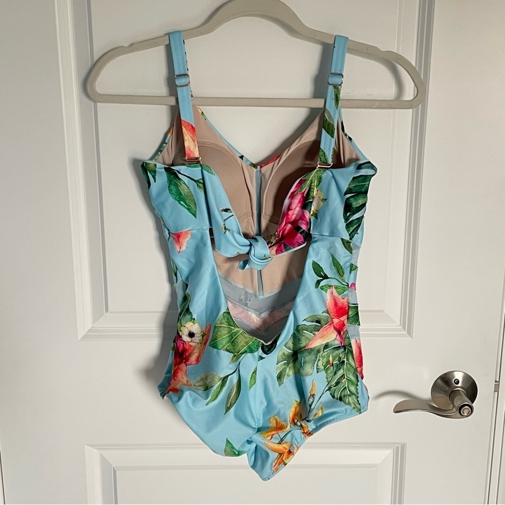New! Leonisa Blue Floral Mesh Cutout Slimming One-Piece Swimsuit - 35123 - Picture 8 of 13